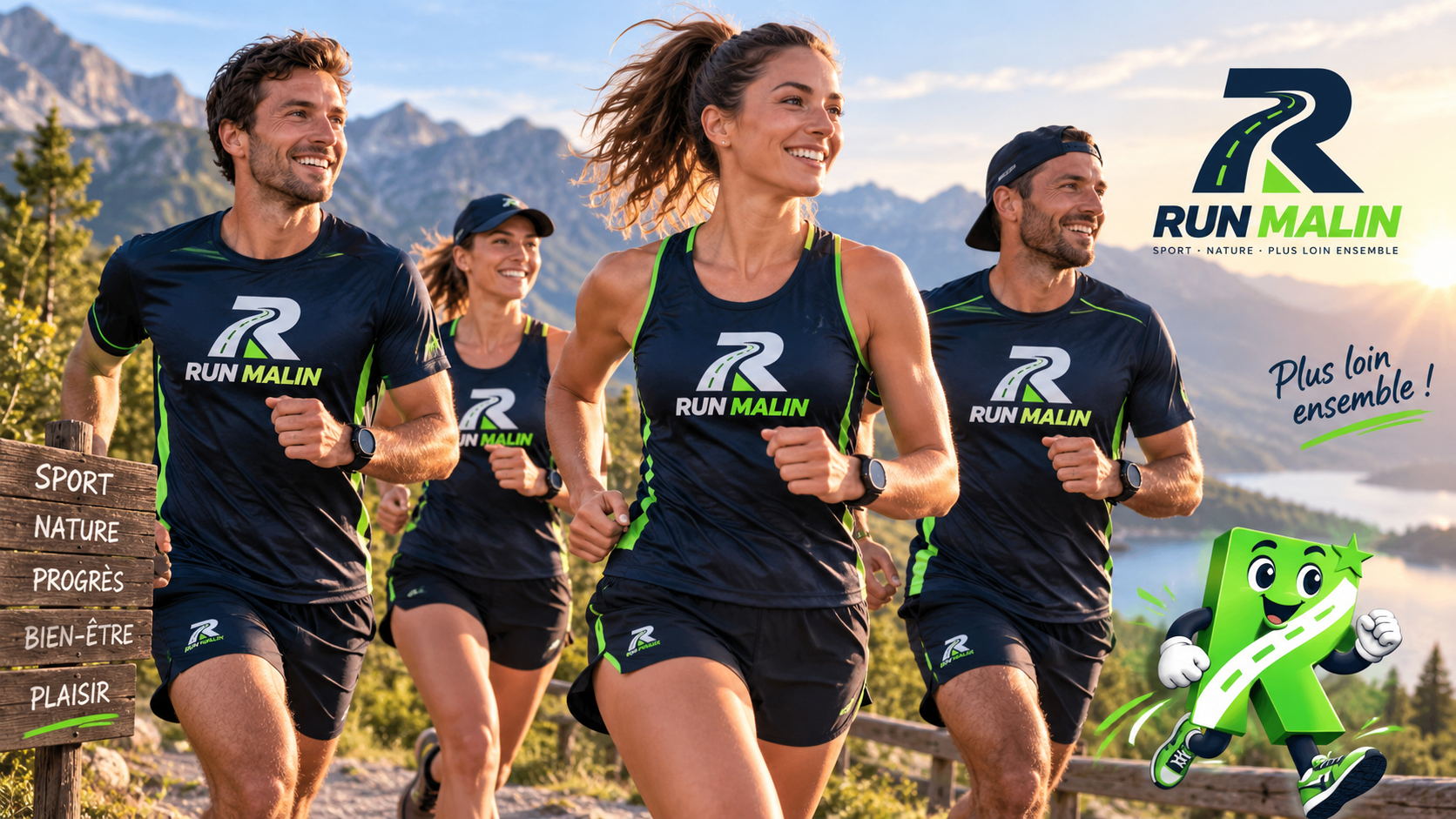 Sportifs RUN MALIN en tenue marine et vert néon avec le logo RUN MALIN, en course dans un décor de montagne.